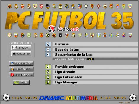 Pantalla principal del PC Fútbol 3.5 de Dinamic Multimedia
